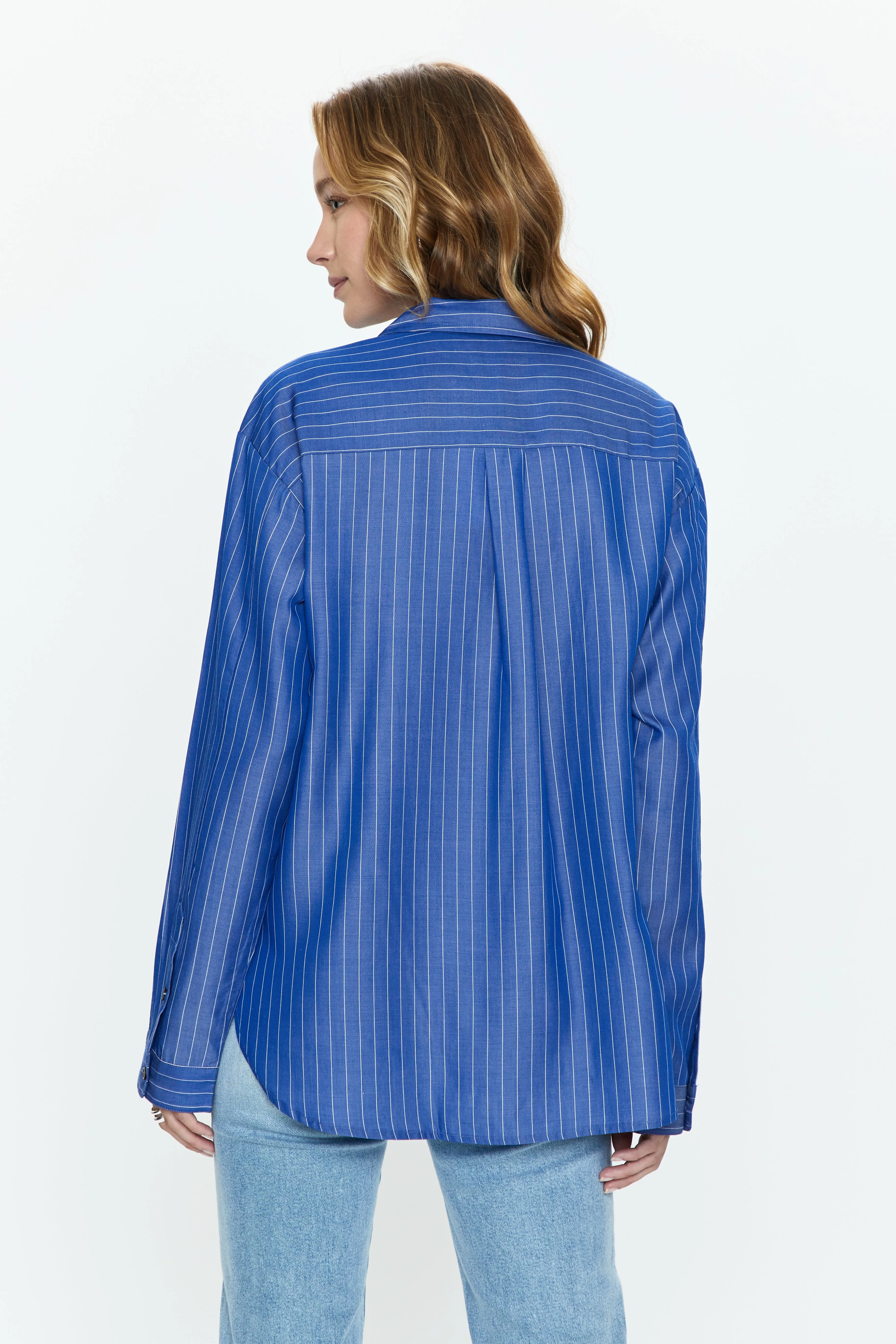 Irene Effortless Button Down Shirt - Dark Blue Pinstripe