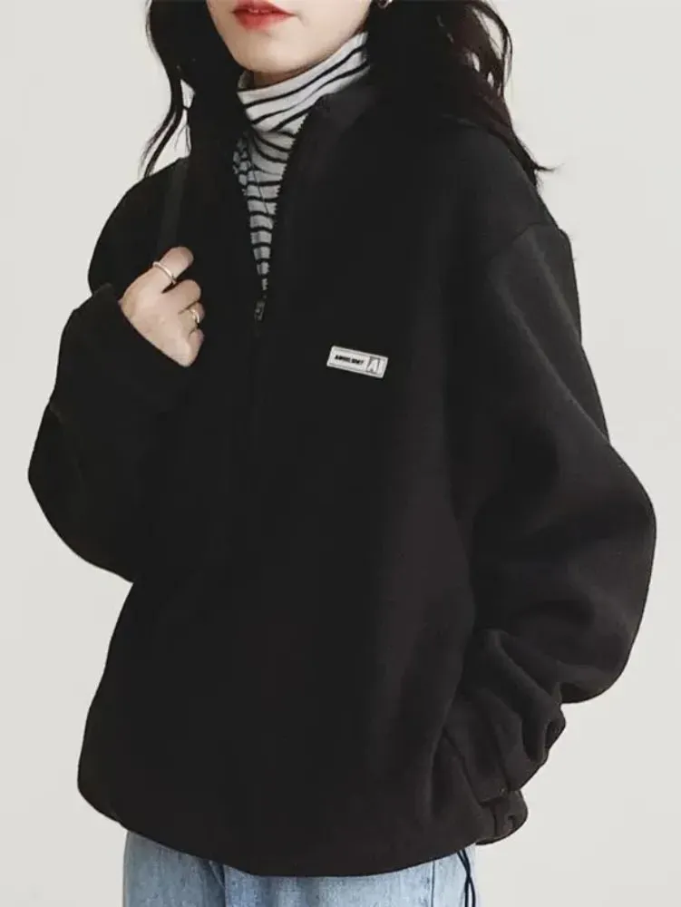 Korean Warm Fleece Fluffy Zip Hoodies Women Casual Kpop Fashion Plus Velevt Sweatshirt Top Autumn Winter