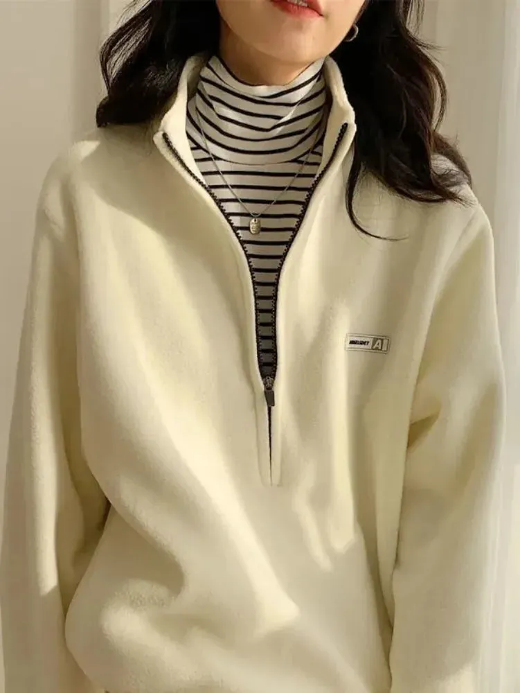 Korean Warm Fleece Fluffy Zip Hoodies Women Casual Kpop Fashion Plus Velevt Sweatshirt Top Autumn Winter