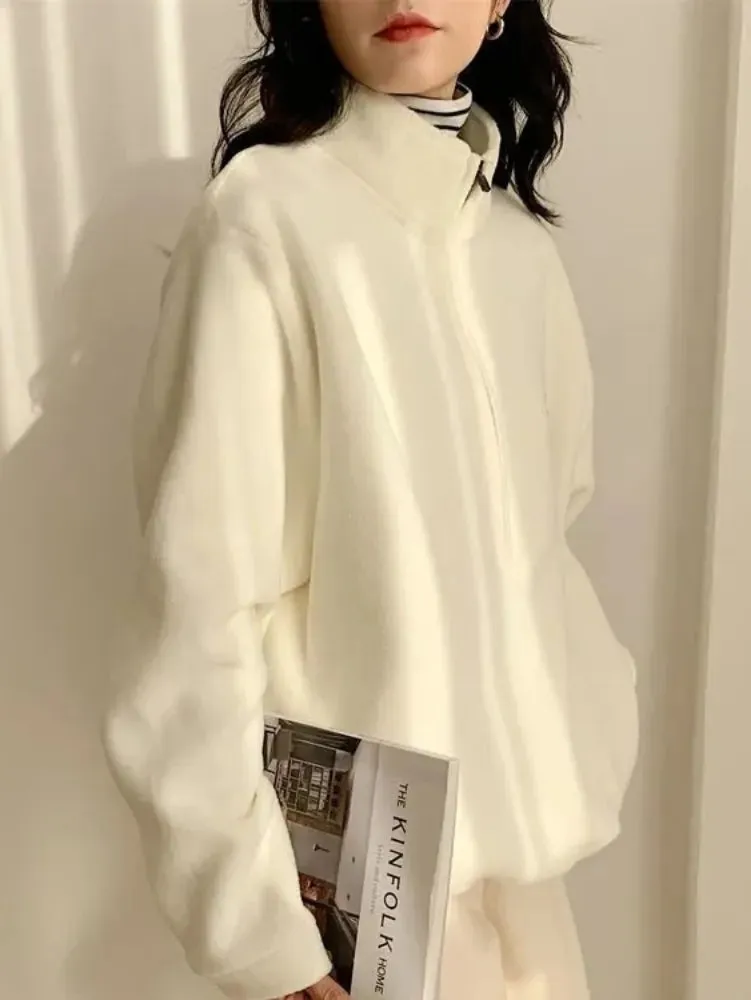 Korean Warm Fleece Fluffy Zip Hoodies Women Casual Kpop Fashion Plus Velevt Sweatshirt Top Autumn Winter