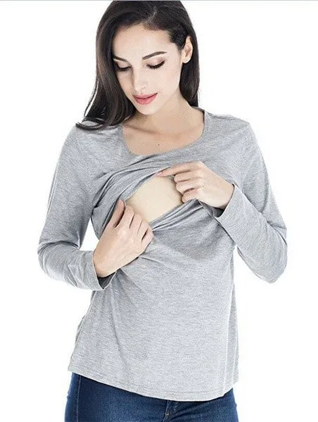 Long Sleeve Breastfeeding Tops Women Nursing T-shirt Cotton