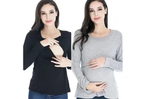 Long Sleeve Breastfeeding Tops Women Nursing T-shirt Cotton