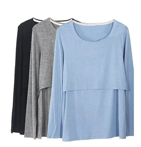 Long Sleeve Breastfeeding Tops Women Nursing T-shirt Cotton