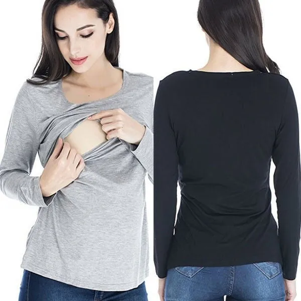 Long Sleeve Breastfeeding Tops Women Nursing T-shirt Cotton