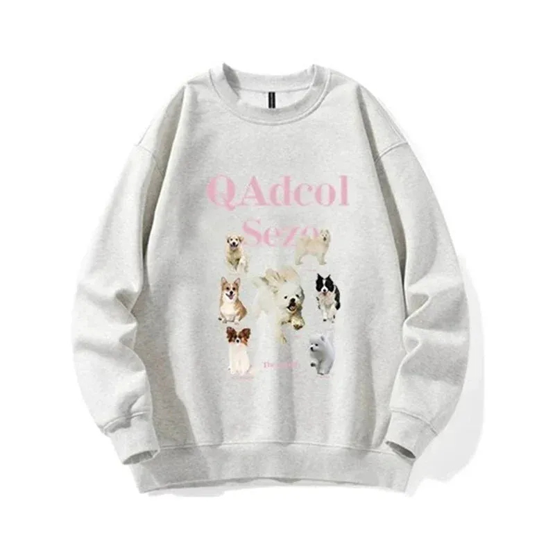 Metaversmall Apricot Casual Lovely Printing Women Hoodies Classic O-neck Street Winter Fashion Solid Color Chic Loose Female Hoodies