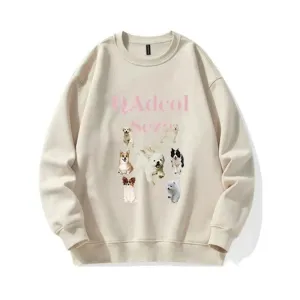 Metaversmall Apricot Casual Lovely Printing Women Hoodies Classic O-neck Street Winter Fashion Solid Color Chic Loose Female Hoodies
