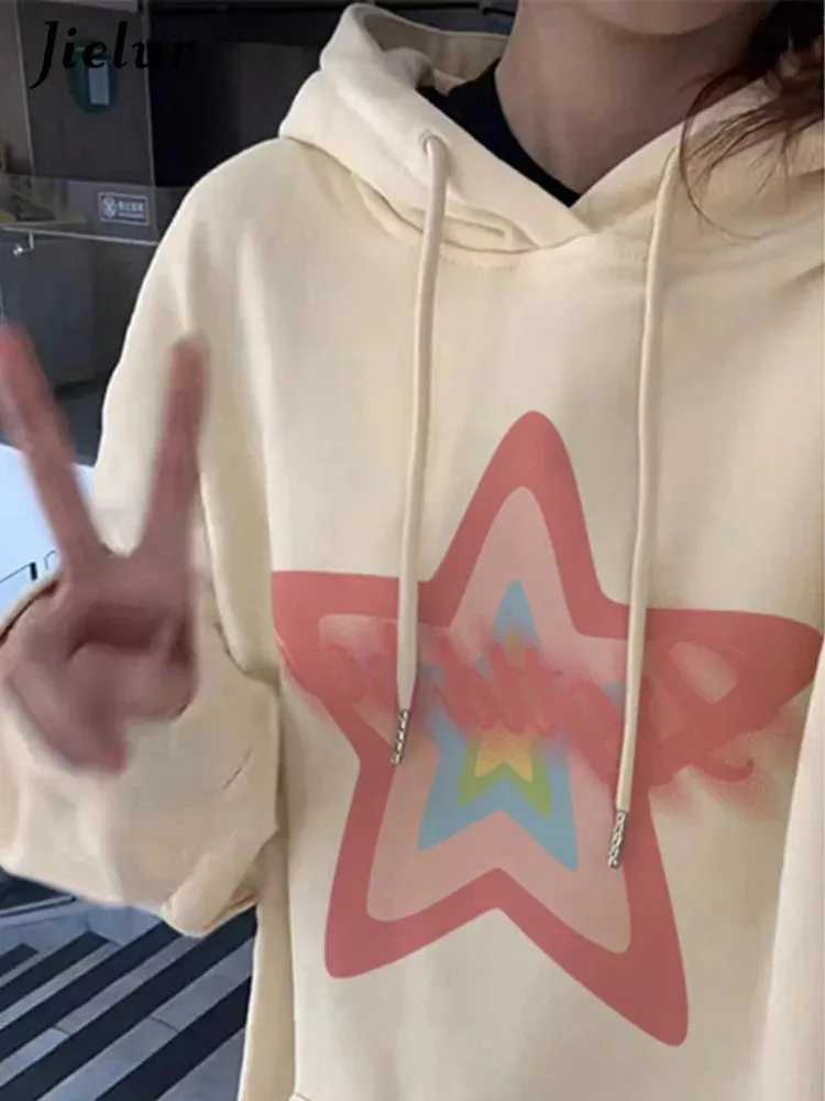 Metaversmall Loose Hooded Star Printing Drawstring Casual Women Hoodies Winter Solid Color Fashion Pocket Simple Street Female Hoodies
