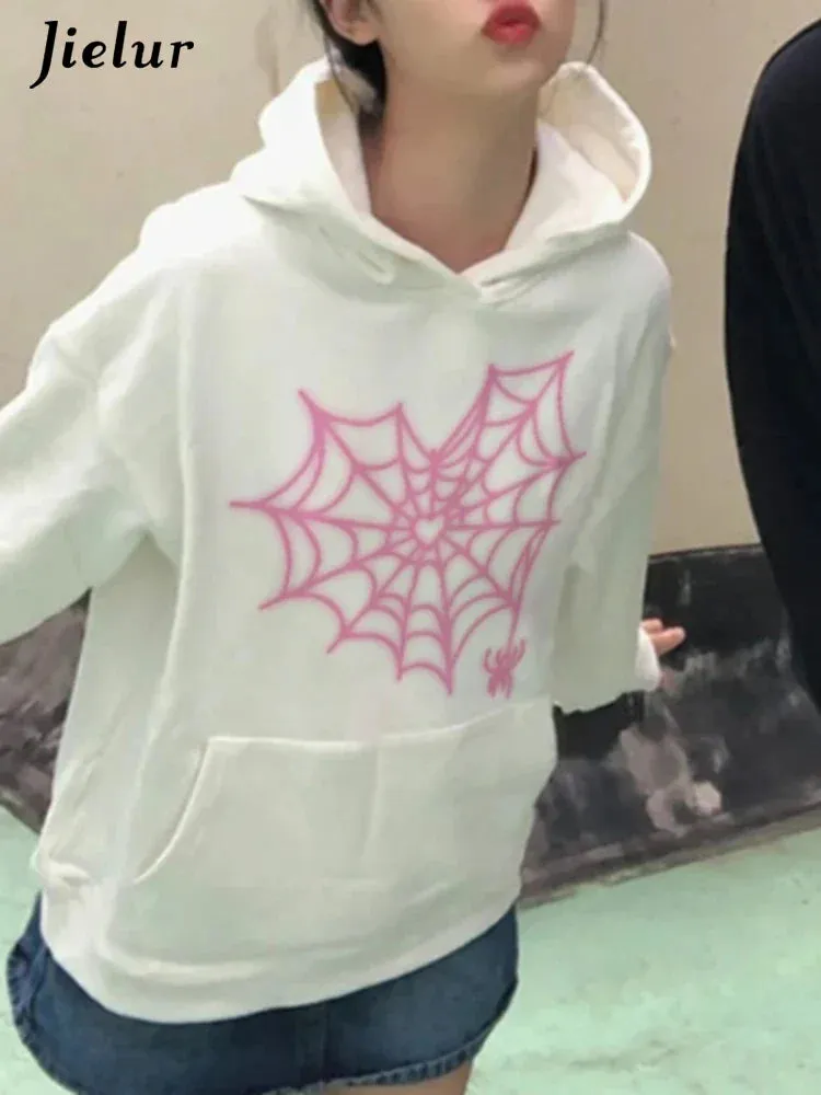 Metaversmall Street Chic Printing Hooded Loose Women Hoodies Winter Pure Color Fashion Pocket Simple Casual Female Hoodies White Black