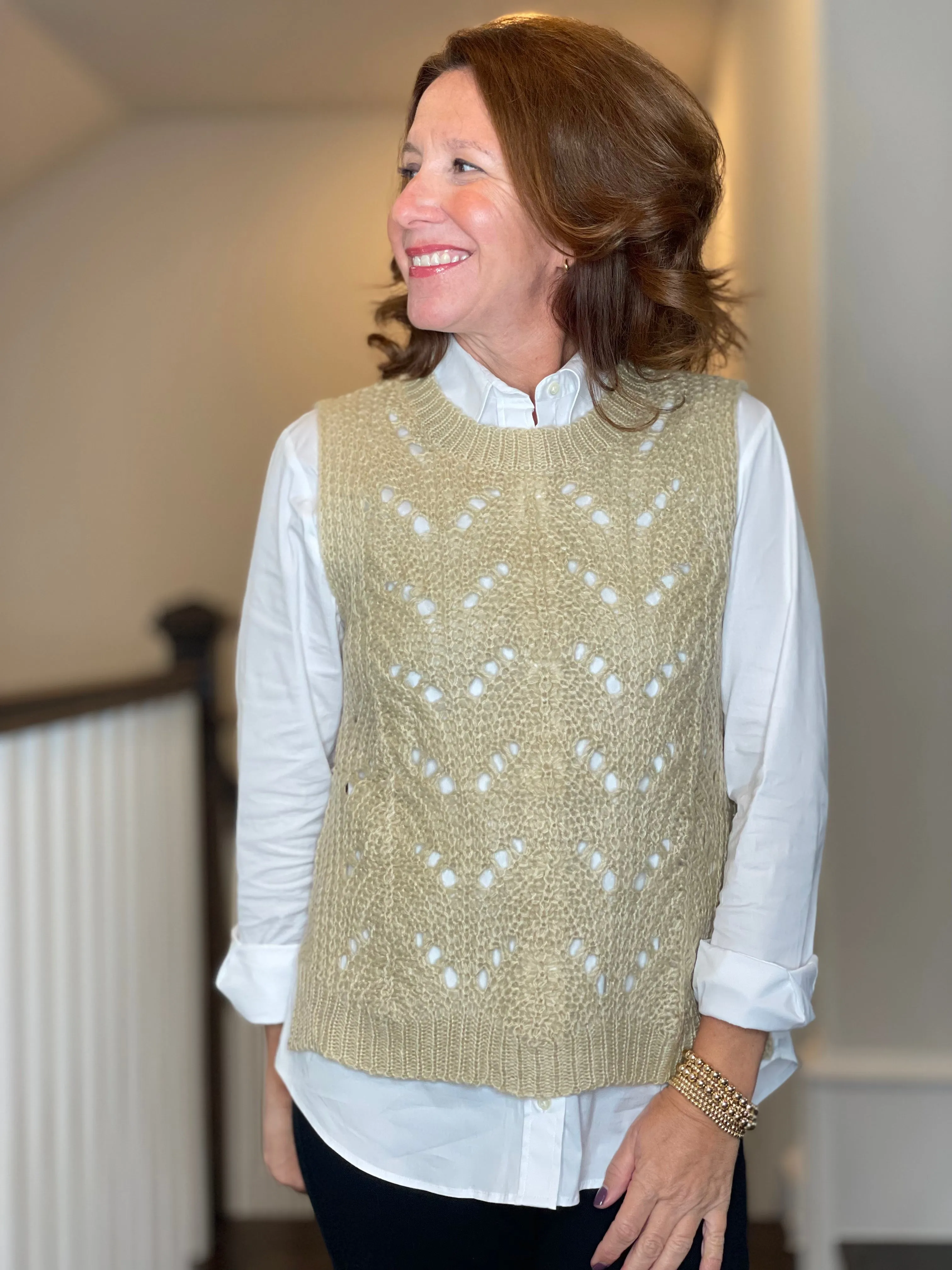 Molly Bracken Pointelle Crew Neck Vest in Beige