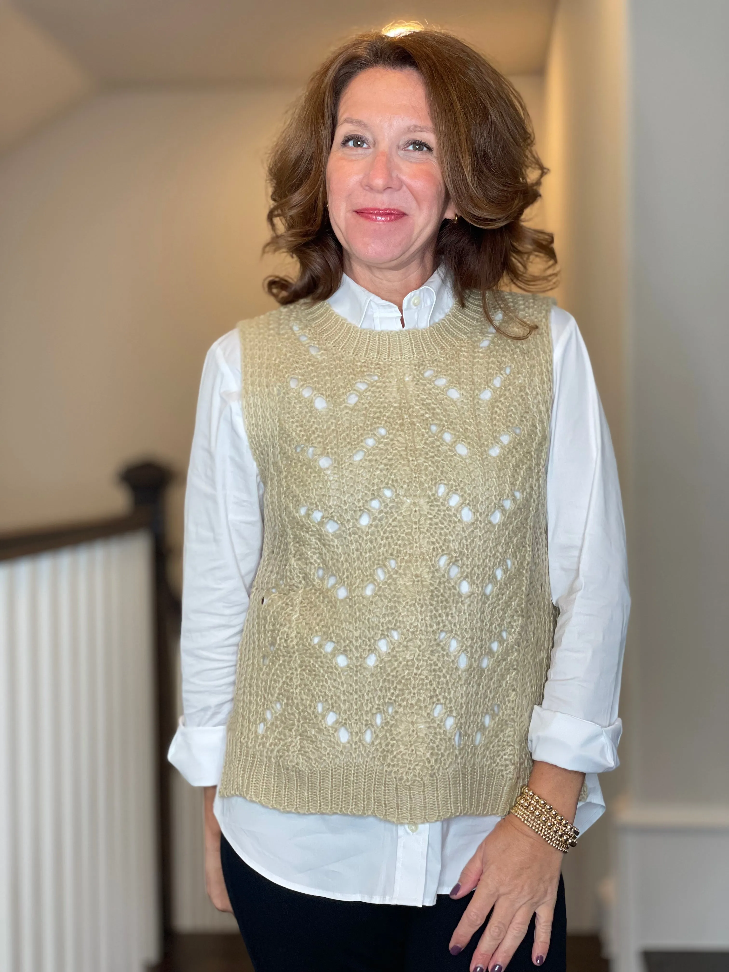 Molly Bracken Pointelle Crew Neck Vest in Beige