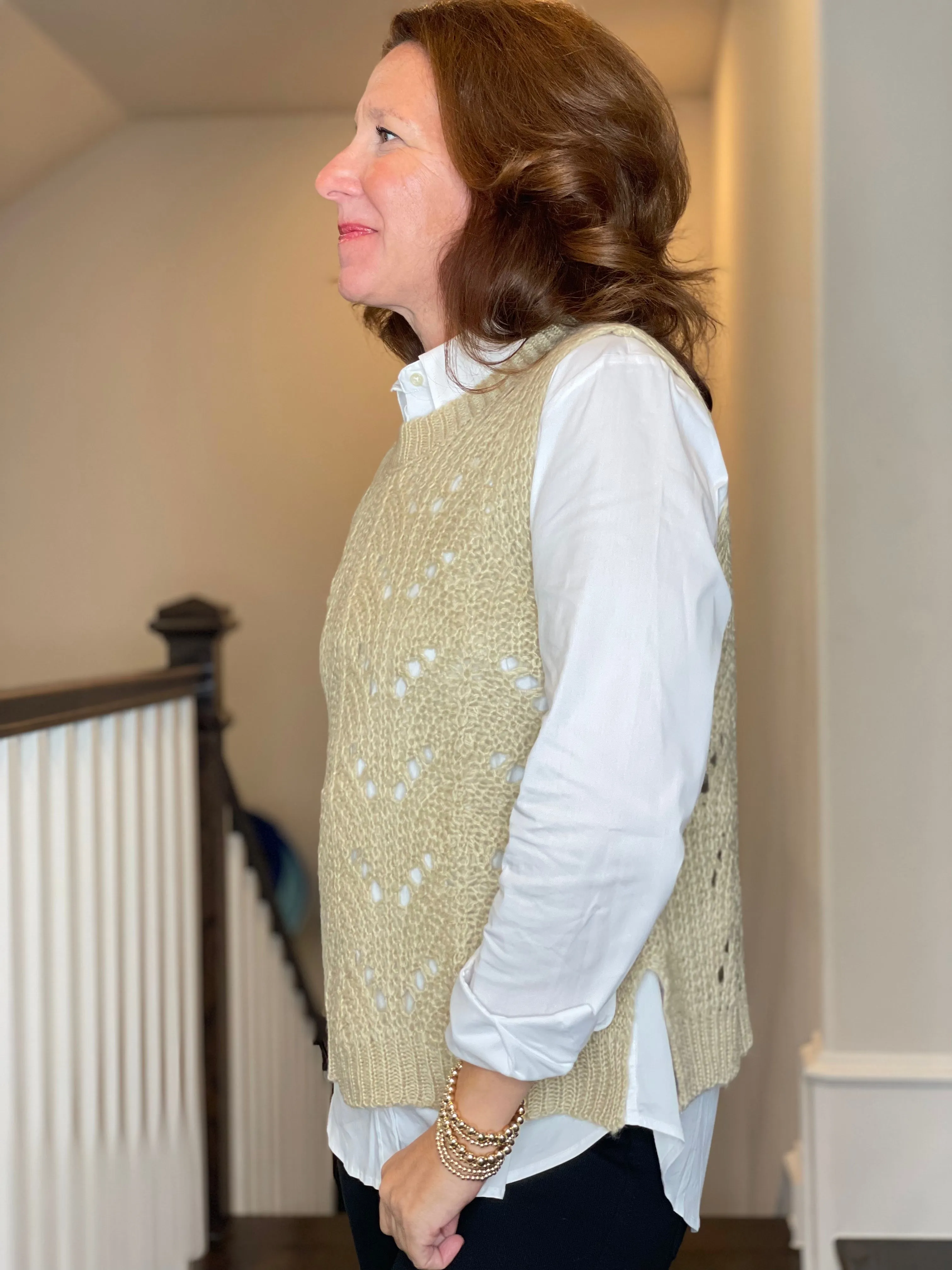 Molly Bracken Pointelle Crew Neck Vest in Beige