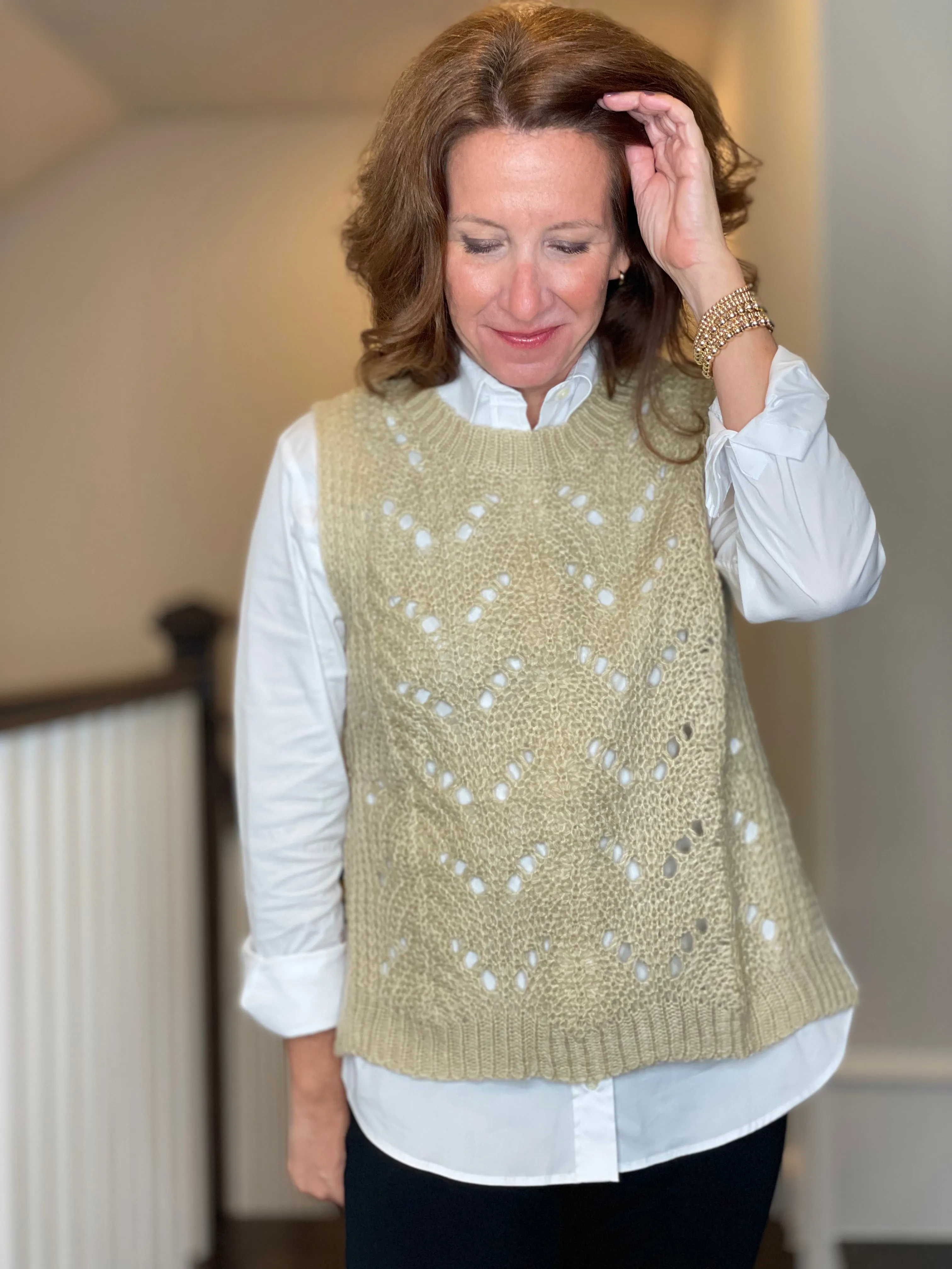 Molly Bracken Pointelle Crew Neck Vest in Beige