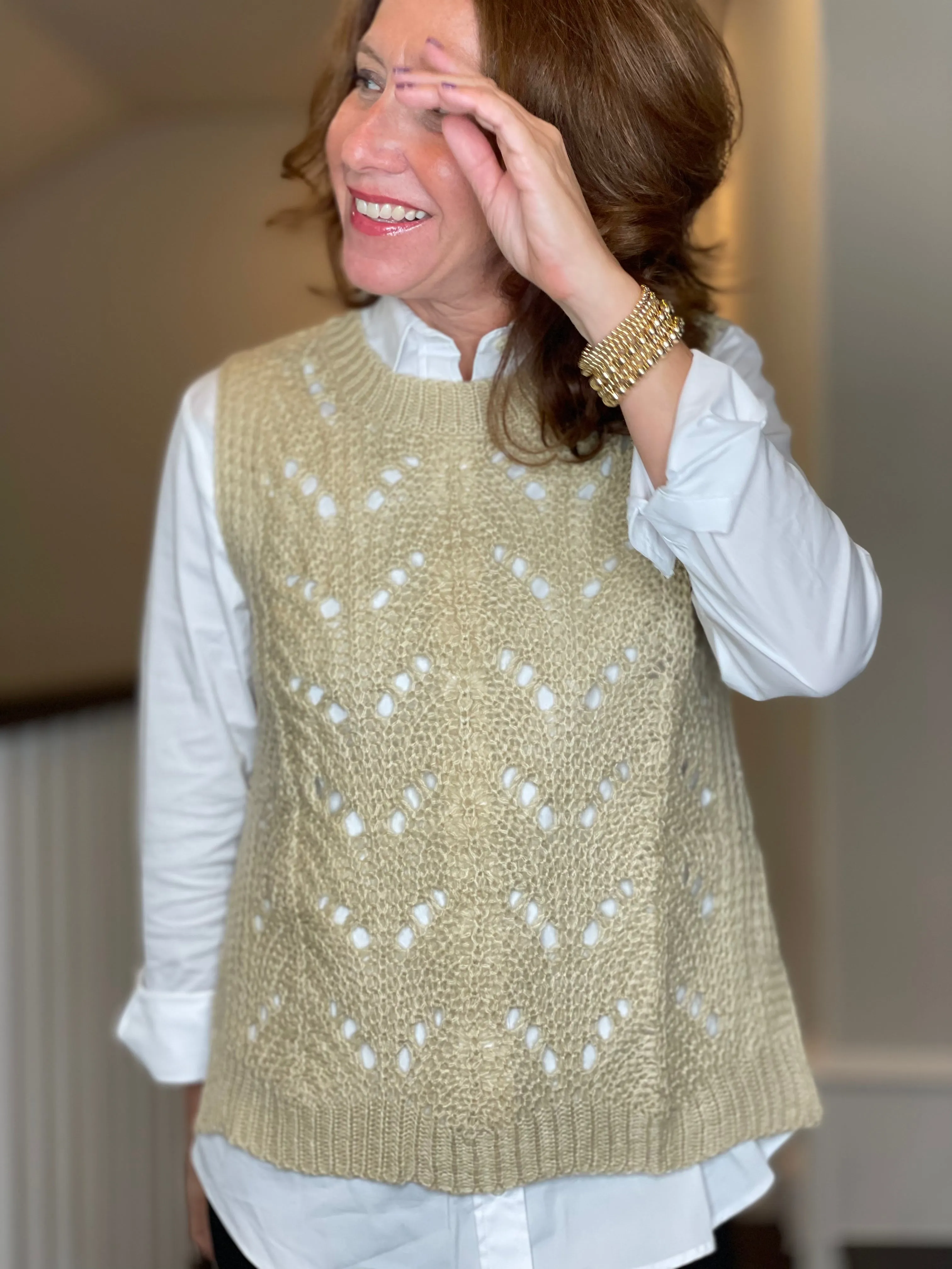 Molly Bracken Pointelle Crew Neck Vest in Beige