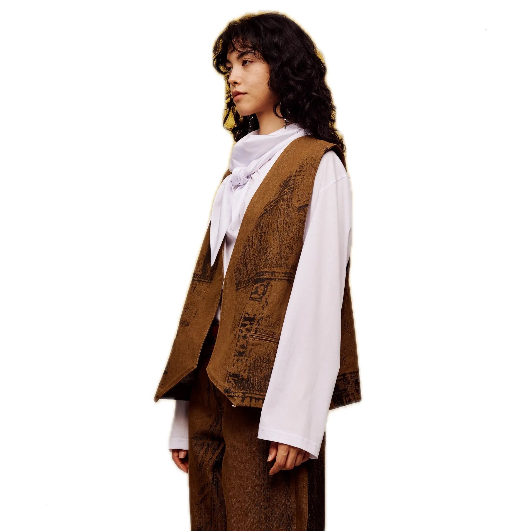 Offset Print Denim Vest in brown