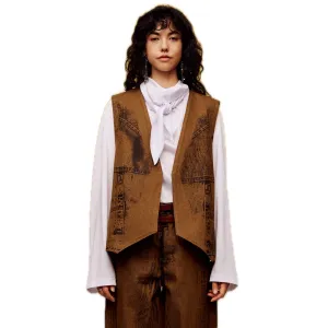 Offset Print Denim Vest in brown