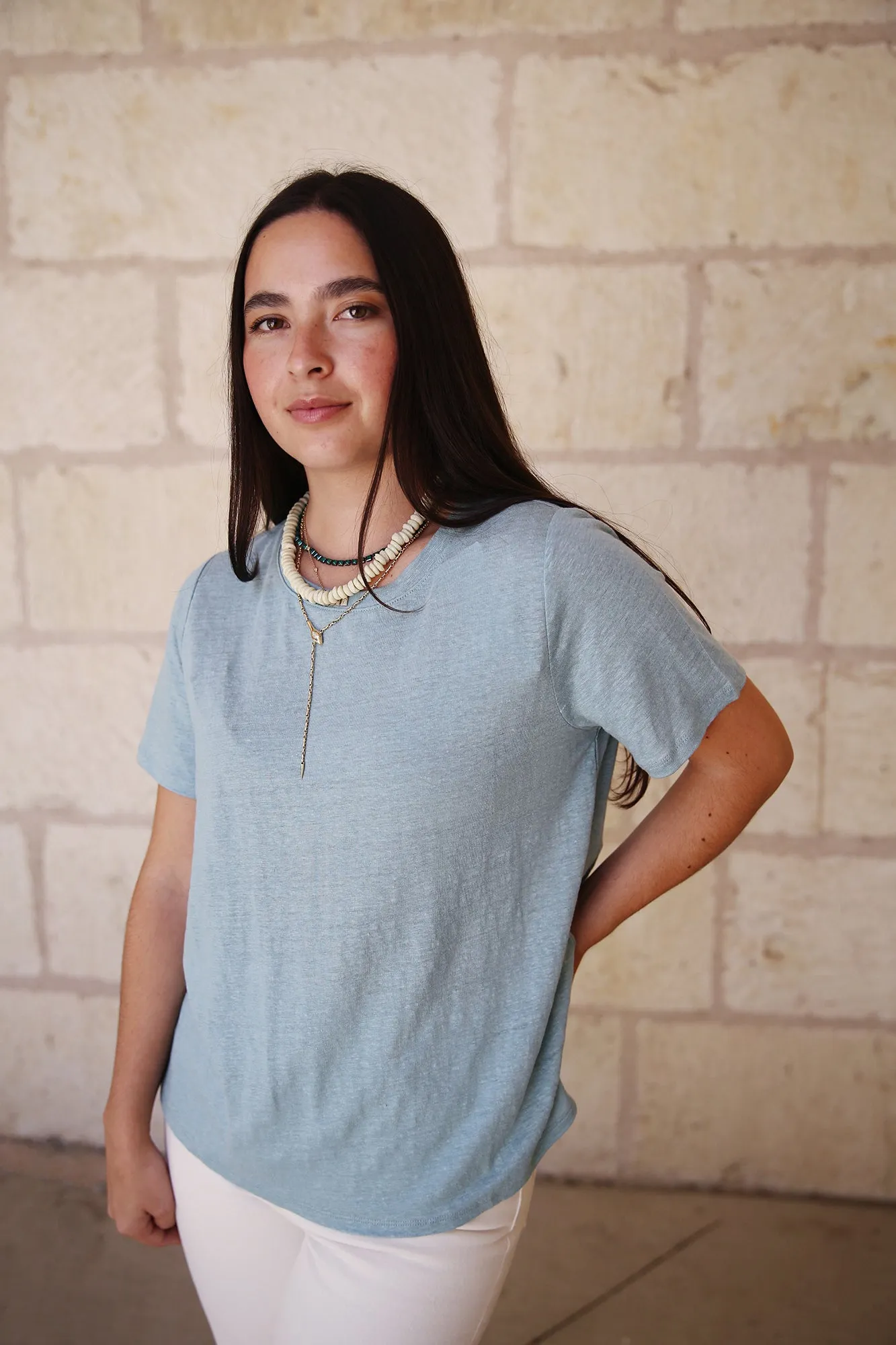 Organic Linen Jersey Crew Neck Short Sleeve Tee Seafoam