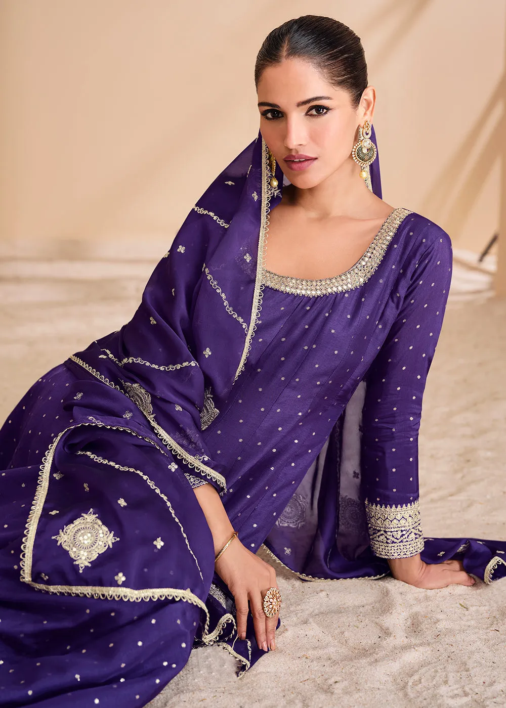 Purple Viscose Jacquard Silk Festive Anarkali Suit