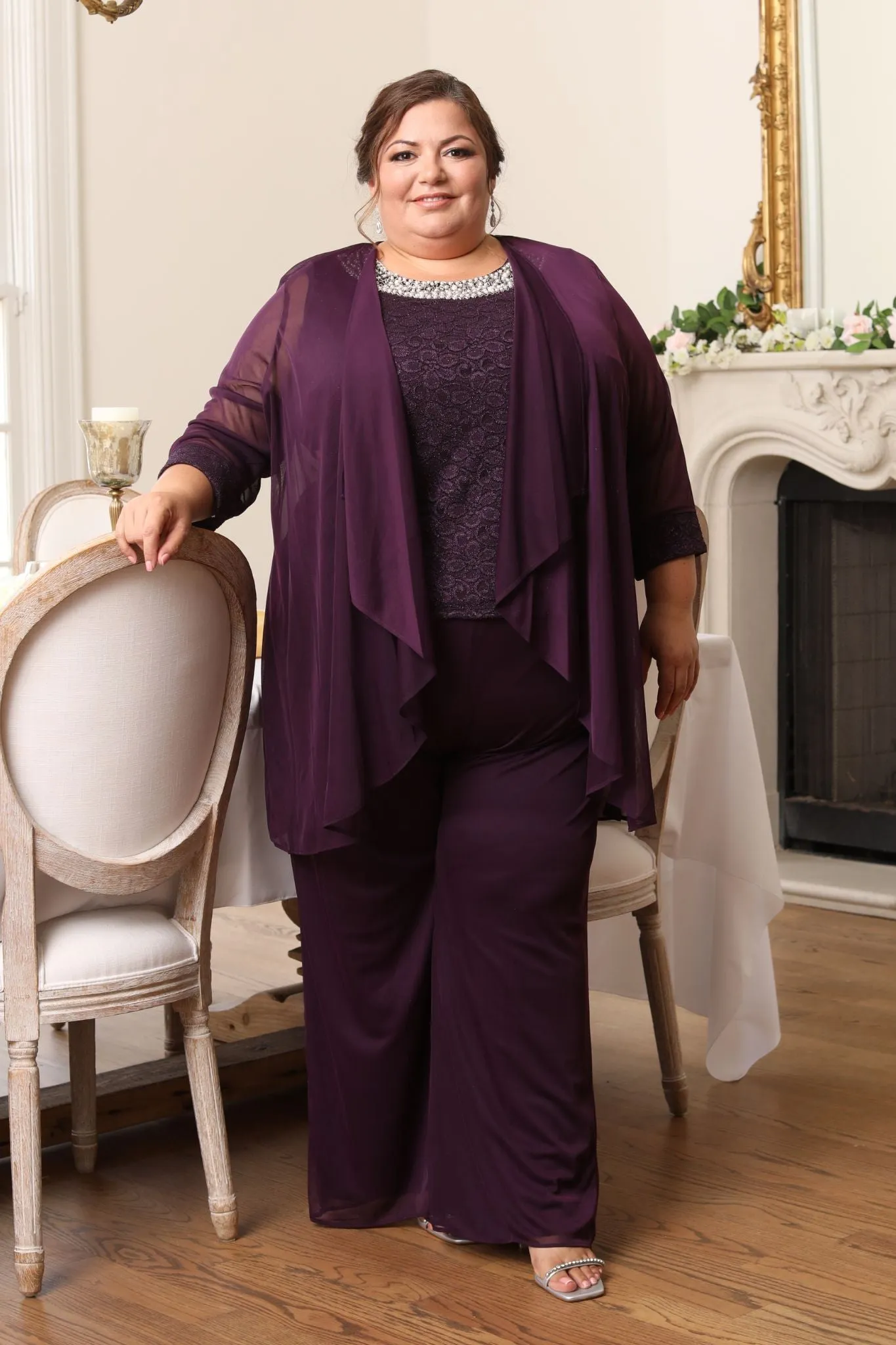 R&M Richards Women's  Plus Size Beaded Neck 3 Piece Long Pant Set