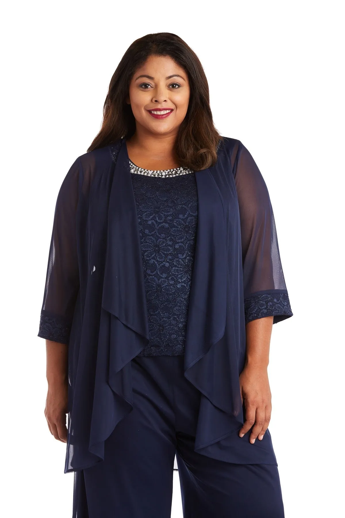 R&M Richards Women's  Plus Size Beaded Neck 3 Piece Long Pant Set