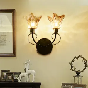 Rustic Handblown Amber Glass Wall Sconce with 2 Bulbs - Black Wall Light for Living Room