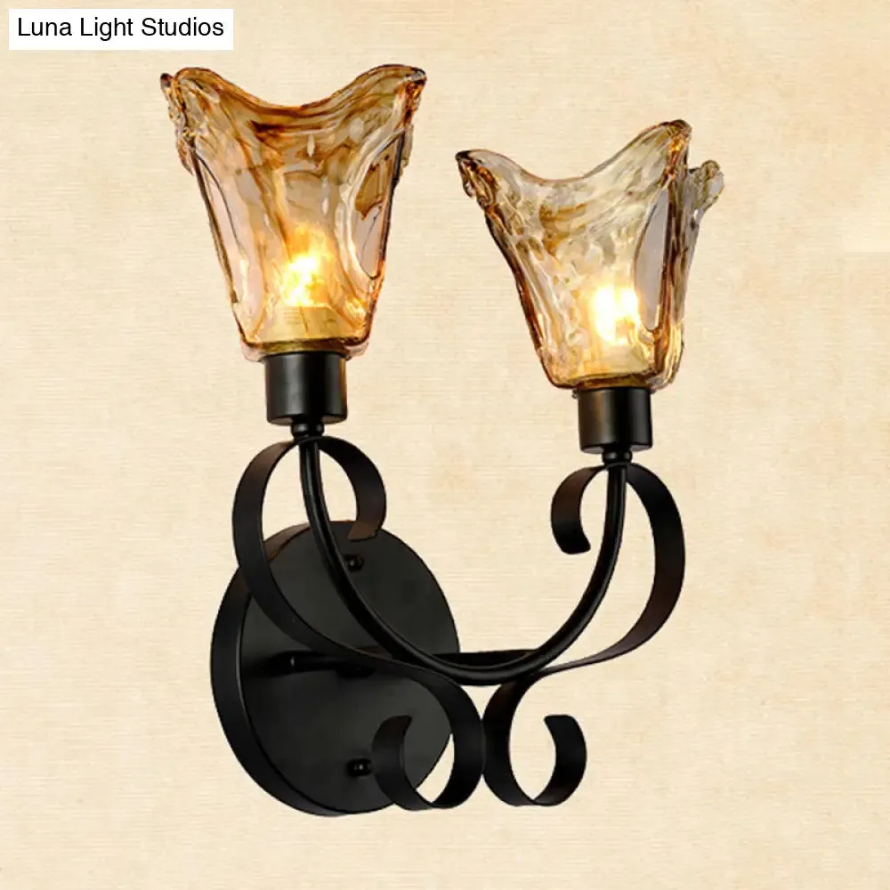 Rustic Handblown Amber Glass Wall Sconce with 2 Bulbs - Black Wall Light for Living Room
