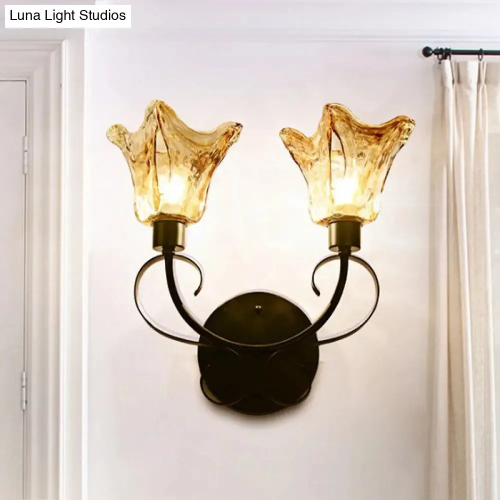 Rustic Handblown Amber Glass Wall Sconce with 2 Bulbs - Black Wall Light for Living Room