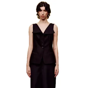 Silk Wool Bateau Collar Vest in Black