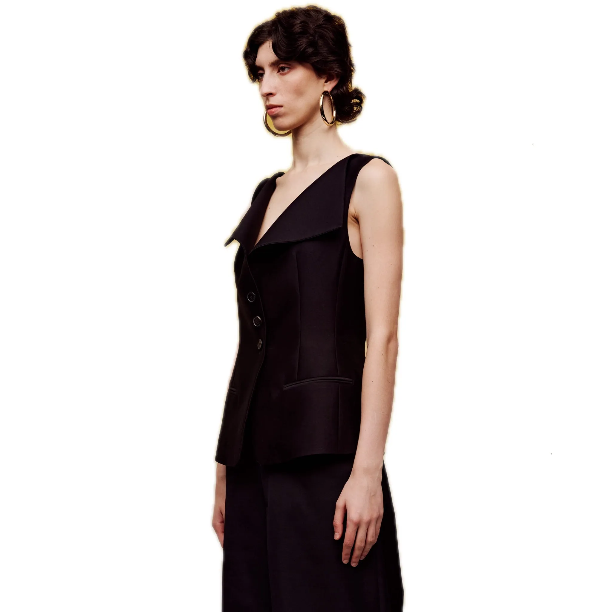 Silk Wool Bateau Collar Vest in Black
