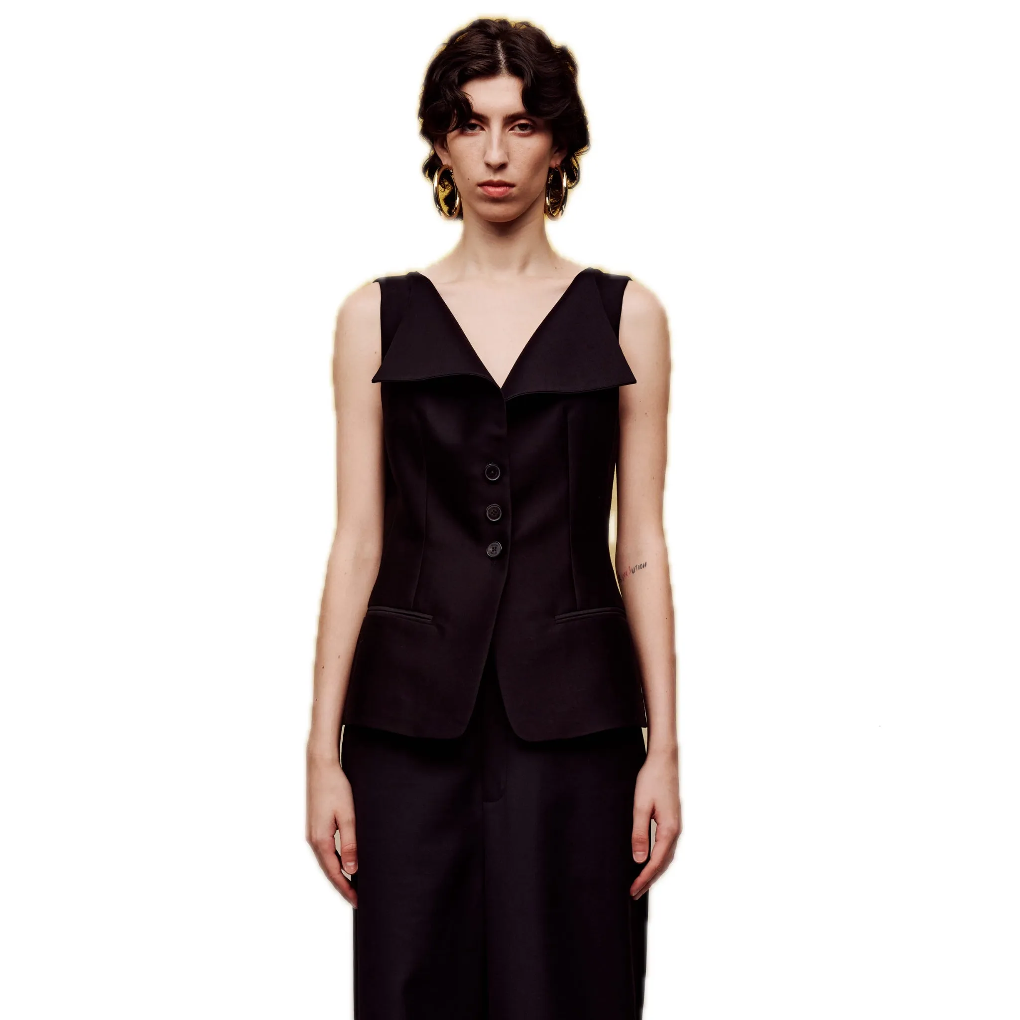 Silk Wool Bateau Collar Vest in Black