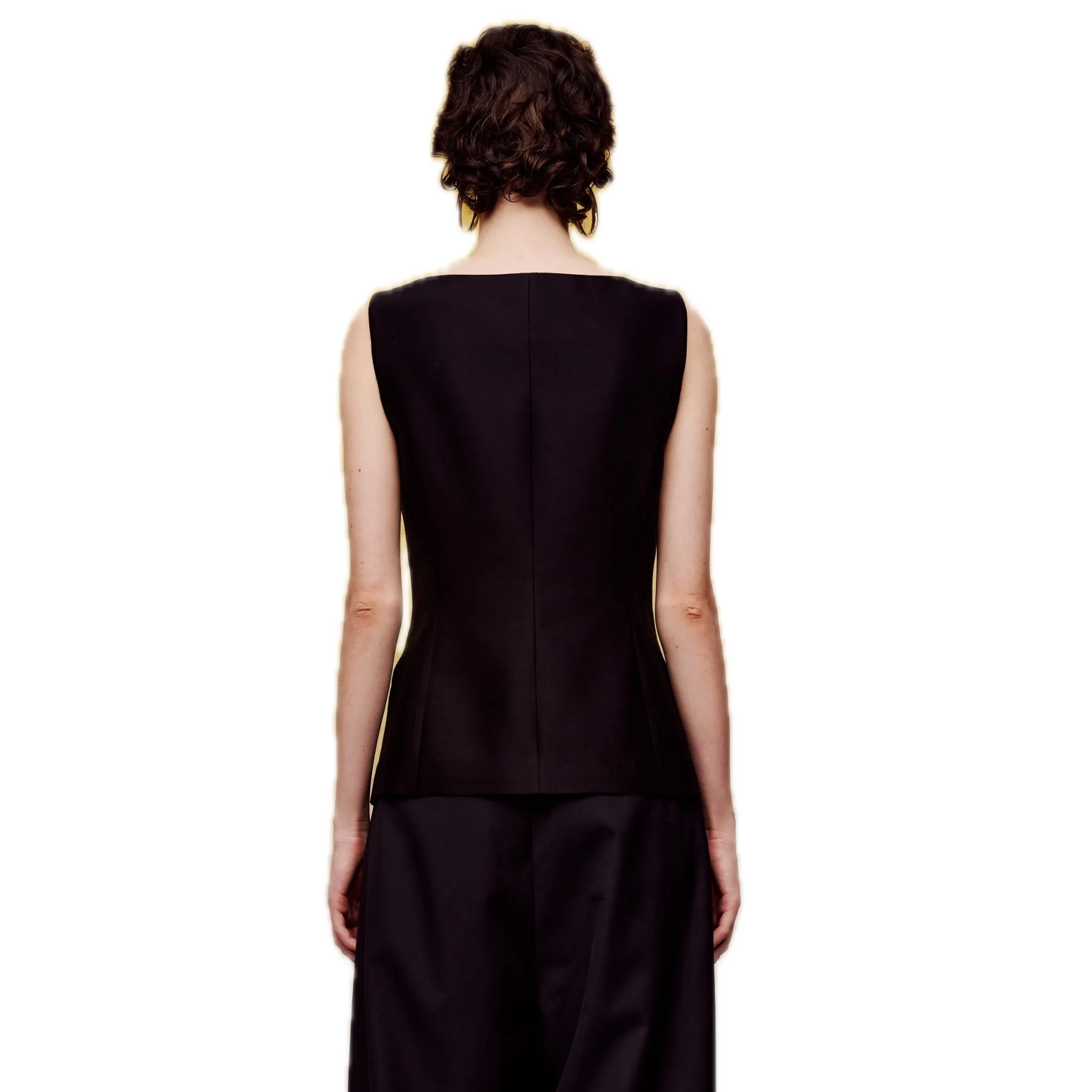 Silk Wool Bateau Collar Vest in Black