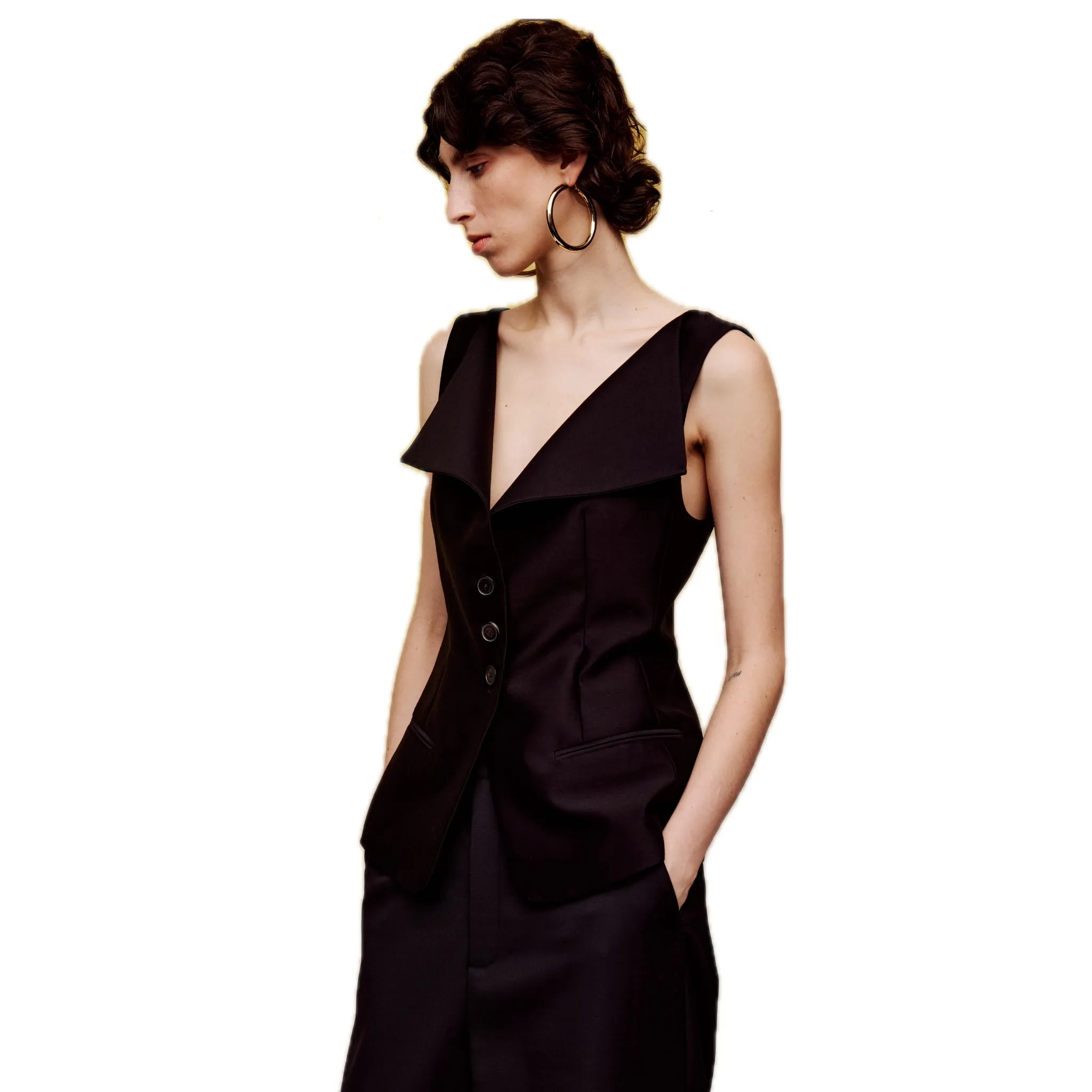 Silk Wool Bateau Collar Vest in Black