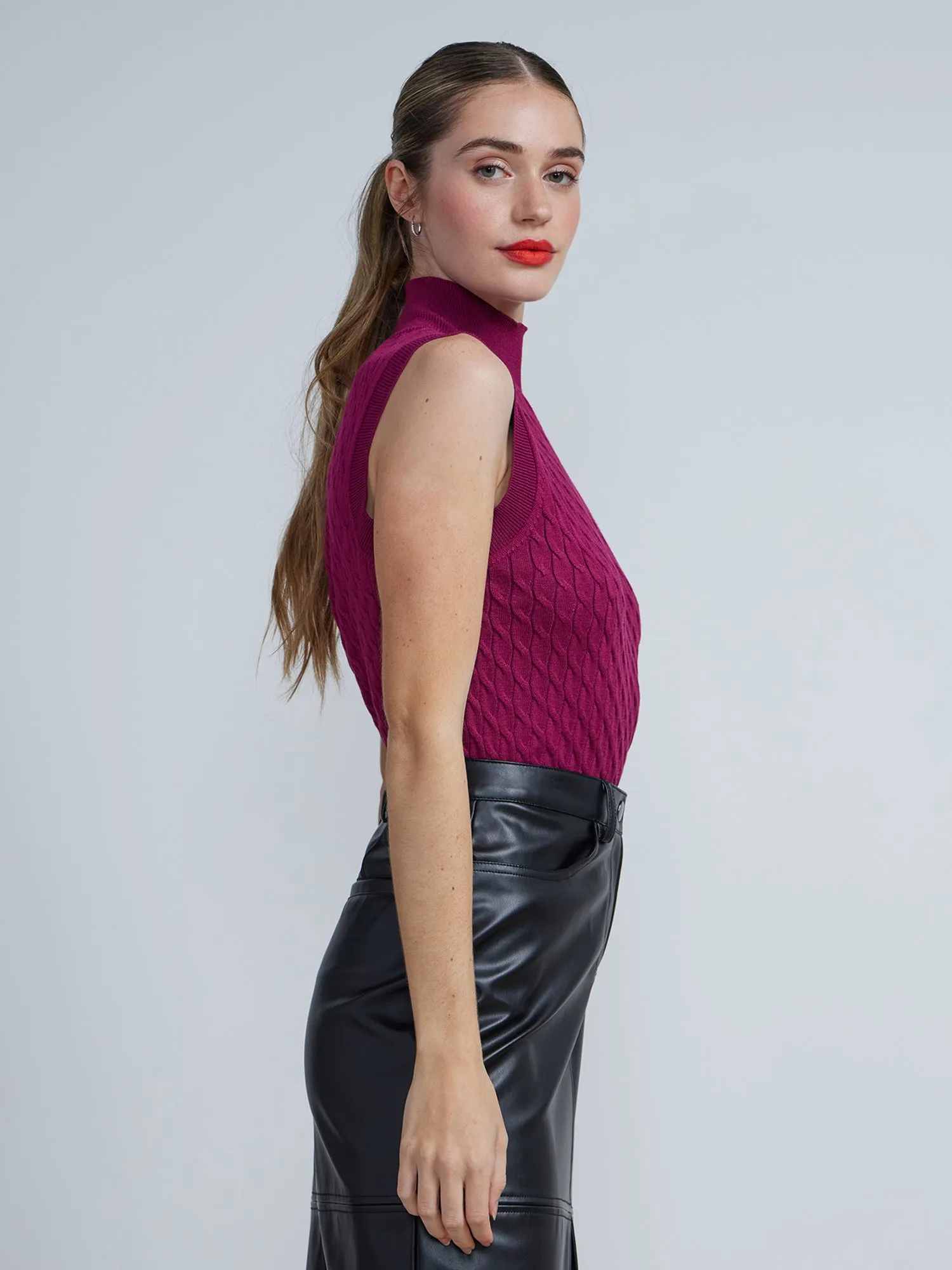 Sleeveless Cable Knit Mock Neck Sweater