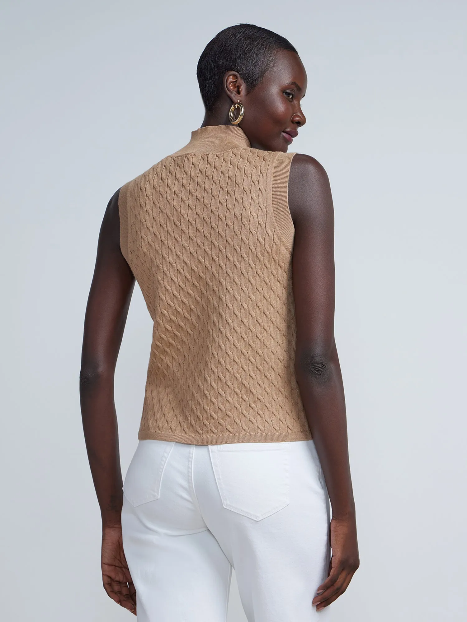 Sleeveless Cable Knit Mock Neck Sweater