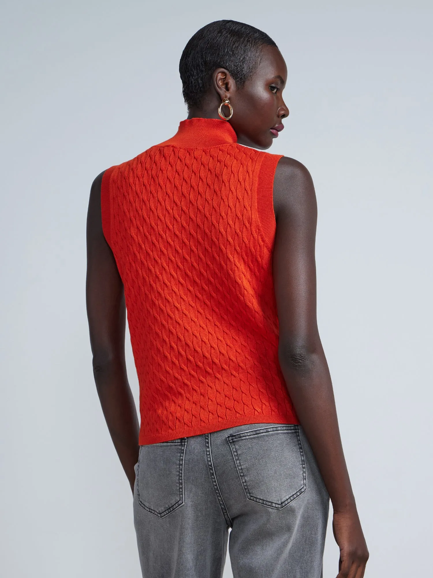 Sleeveless Cable Knit Mock Neck Sweater