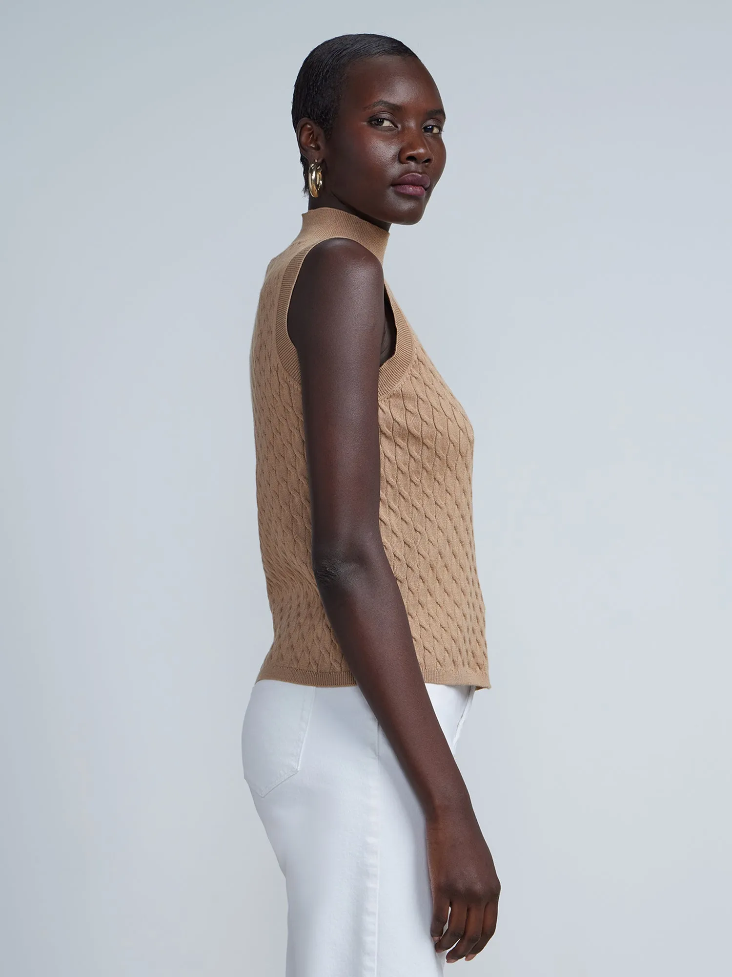 Sleeveless Cable Knit Mock Neck Sweater