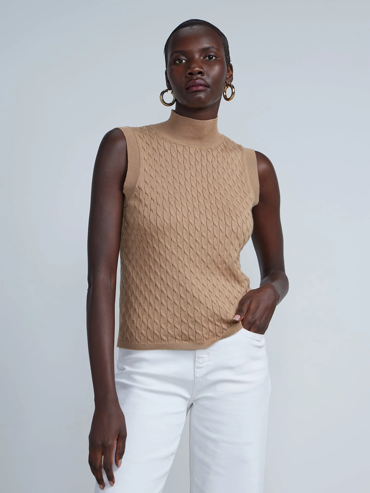 Sleeveless Cable Knit Mock Neck Sweater