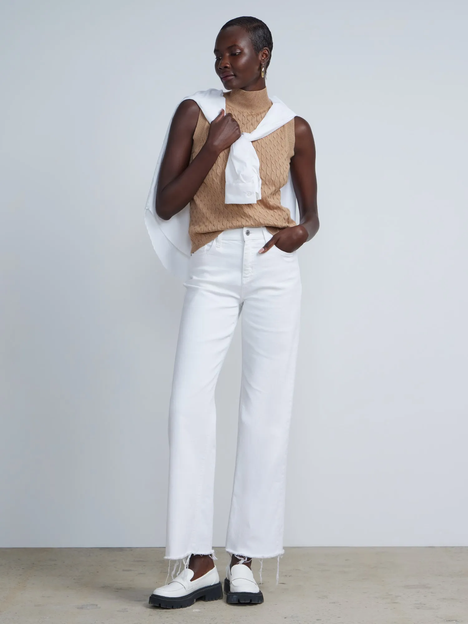Sleeveless Cable Knit Mock Neck Sweater