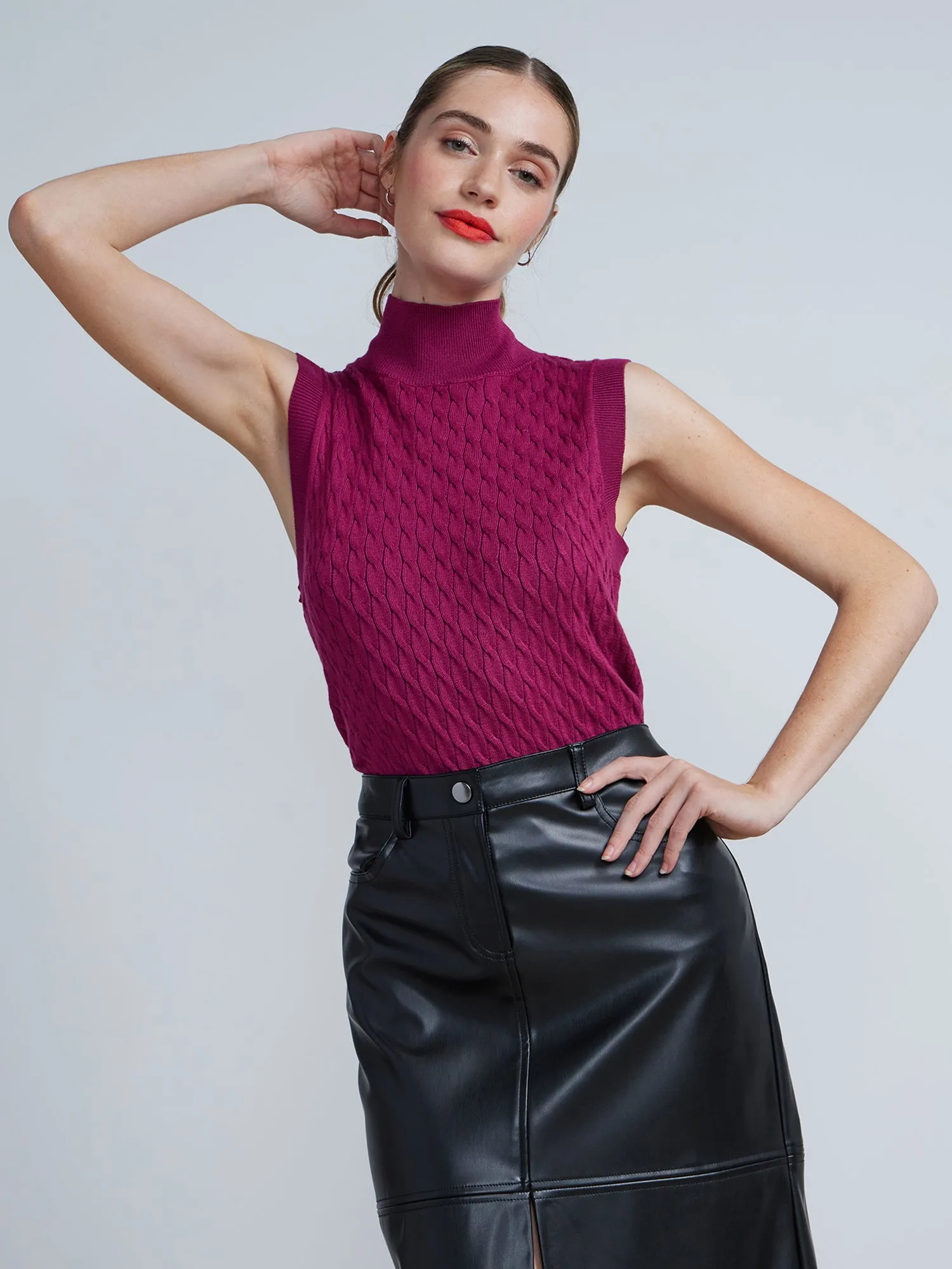 Sleeveless Cable Knit Mock Neck Sweater