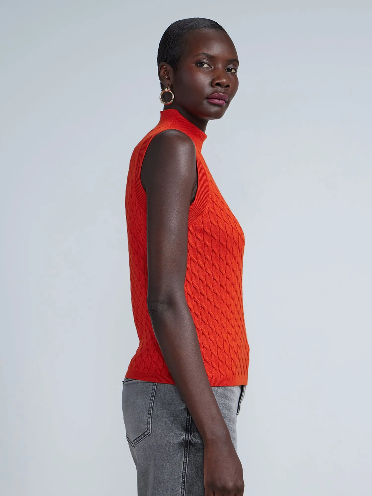Sleeveless Cable Knit Mock Neck Sweater