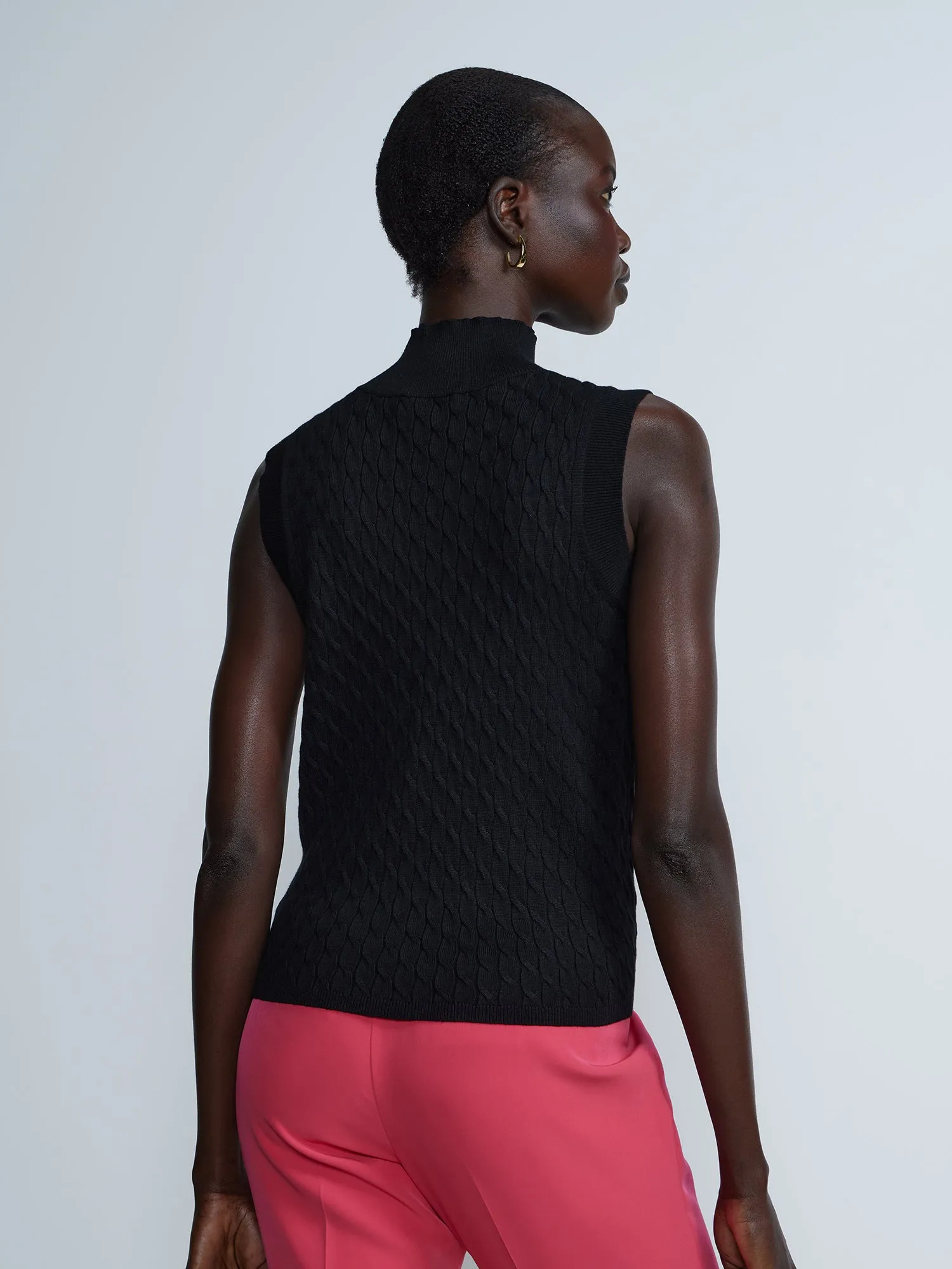 Sleeveless Cable Knit Mock Neck Sweater