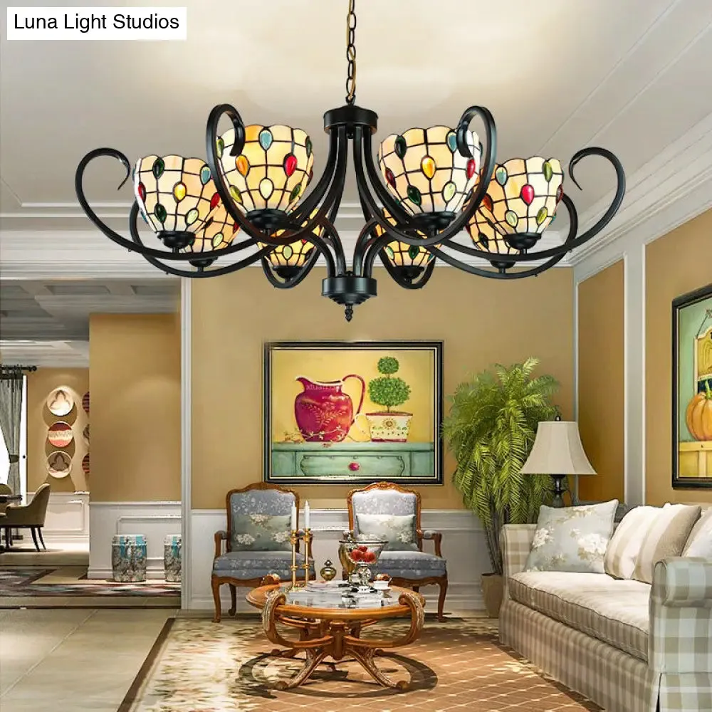 Stunning Tiffany Stained Glass Chandelier with Beaded Design - 5/6/8 Lights - Beige - Perfect for Indoor Living Rooms