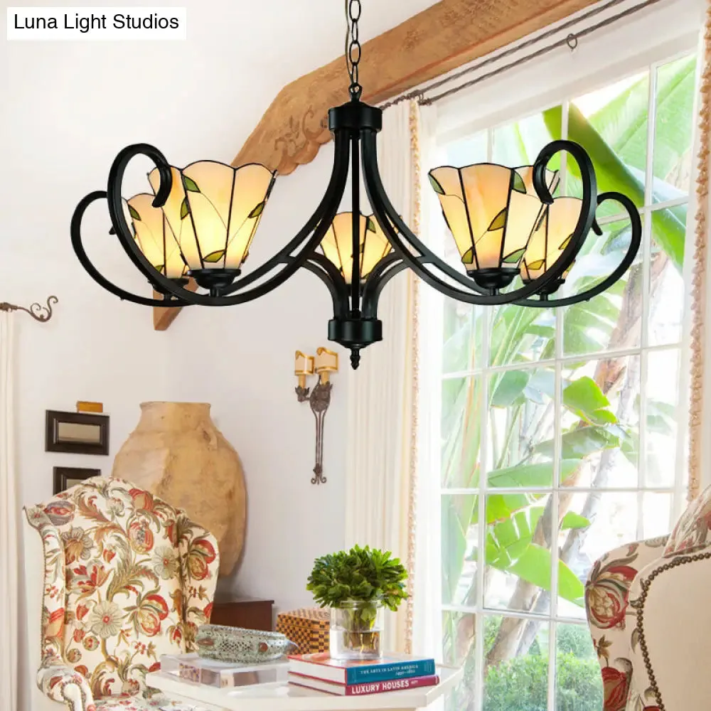 Tiffany Cone Chandelier Lamp with Stained Glass and Beige Shade for Bedroom - 5/6/8 Heads