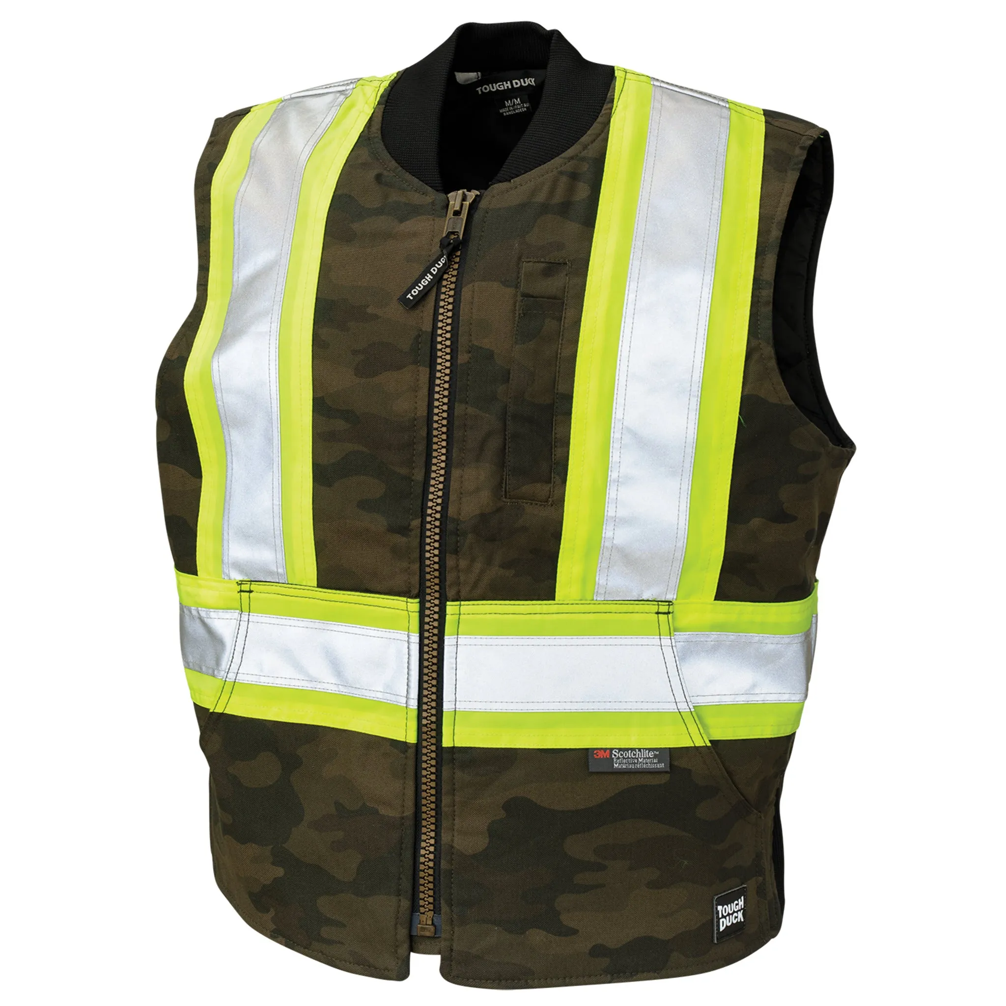 Tough Duck Men's Hi Vis Safety Work Vest SV08 - Cotton Flex Duck, Quilted, Rib Knit Collar, Reflective, Warm, Durable, Pockets, CSA/ANSI Compliant | Sizes XS-5XL