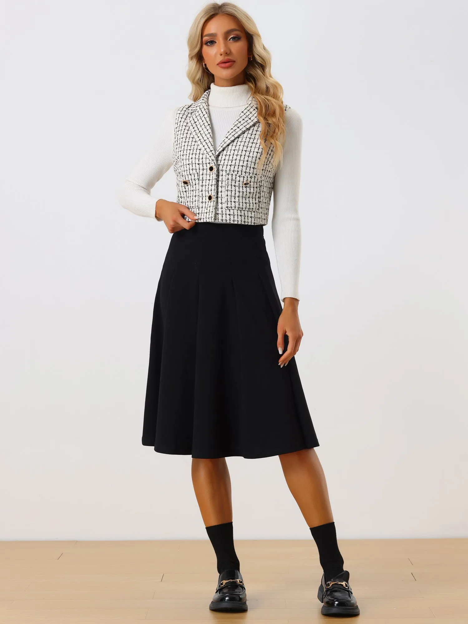 Tweed Notched Lapel Collar Sleeveless Plaid Crop Waistcoat Vest