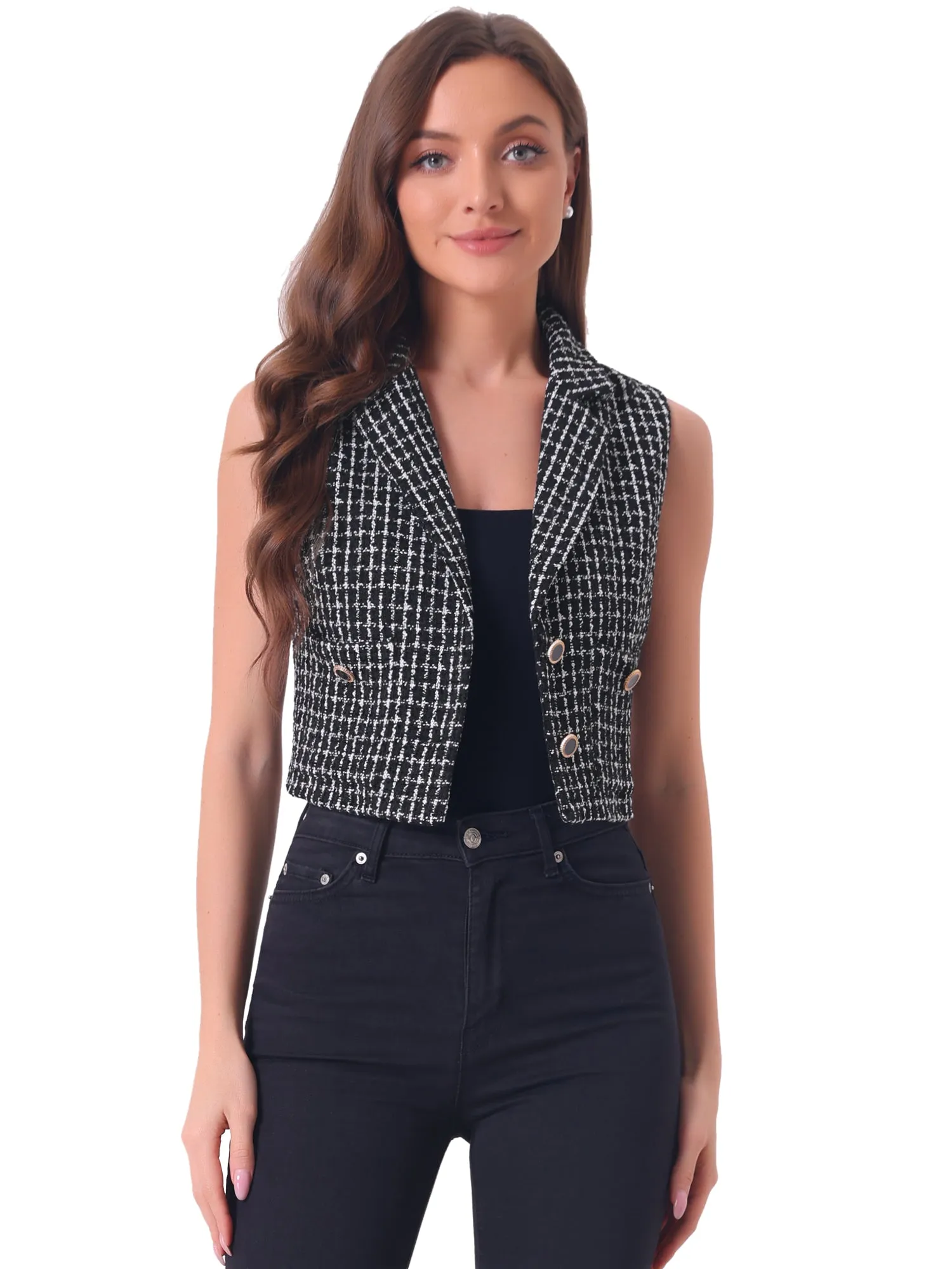 Tweed Notched Lapel Collar Sleeveless Plaid Crop Waistcoat Vest