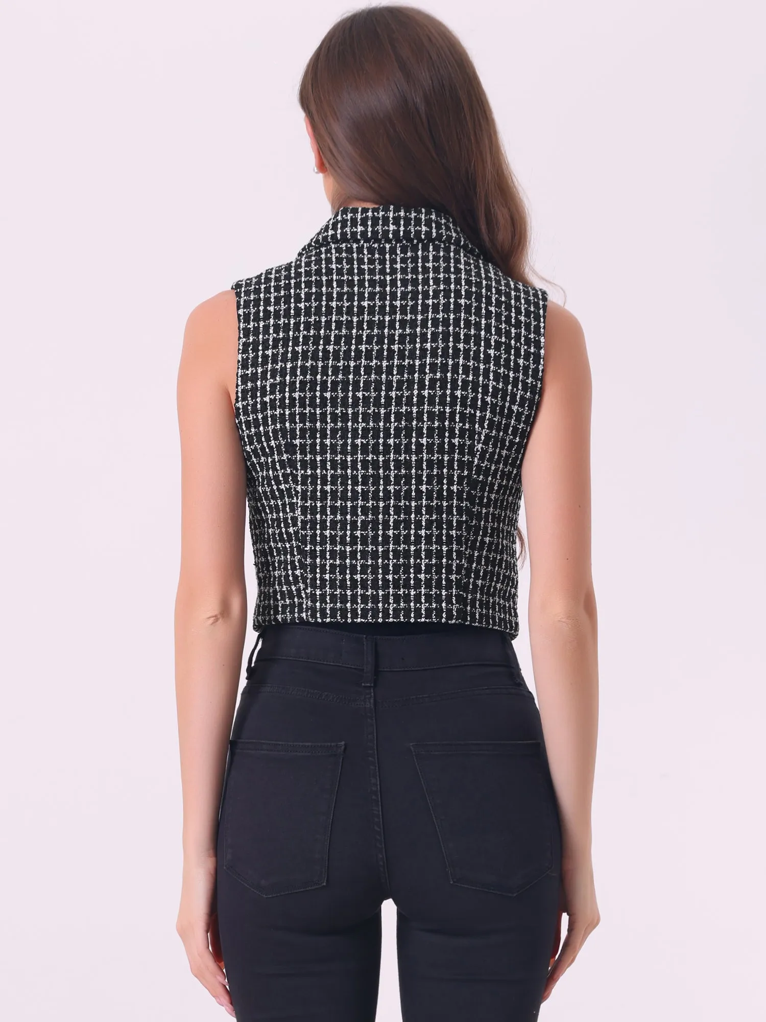 Tweed Notched Lapel Collar Sleeveless Plaid Crop Waistcoat Vest