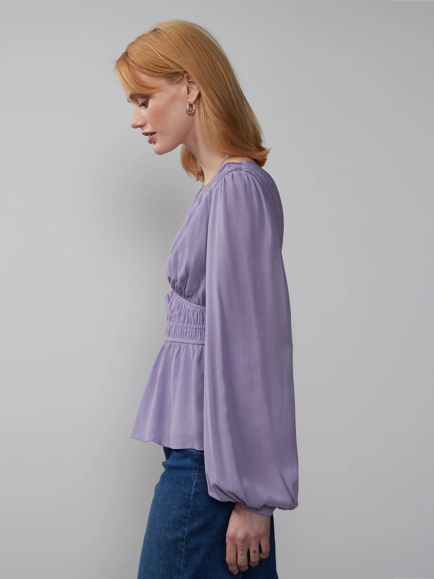 V-Neck Shirred Waist Blouse