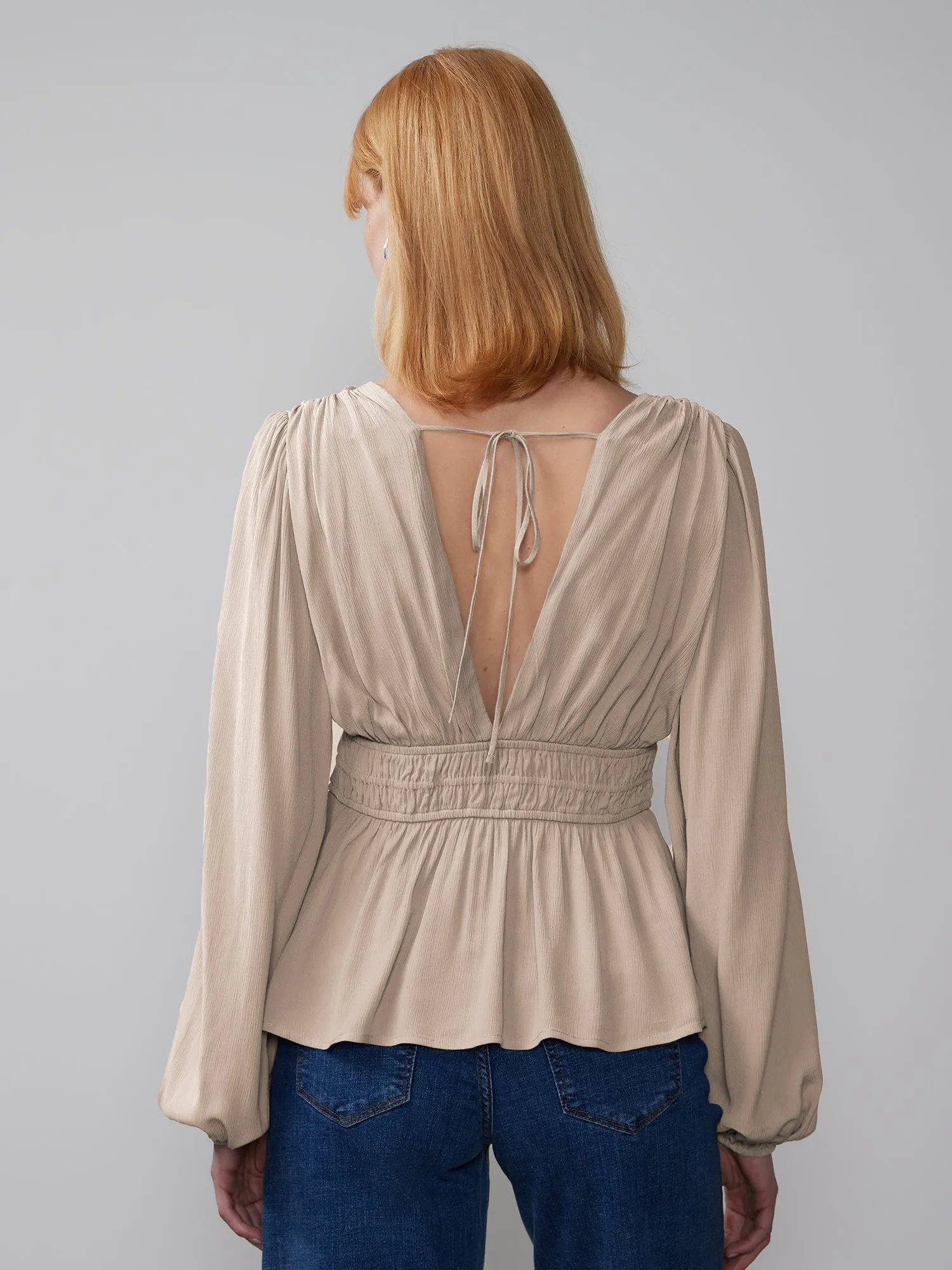 V-Neck Shirred Waist Blouse