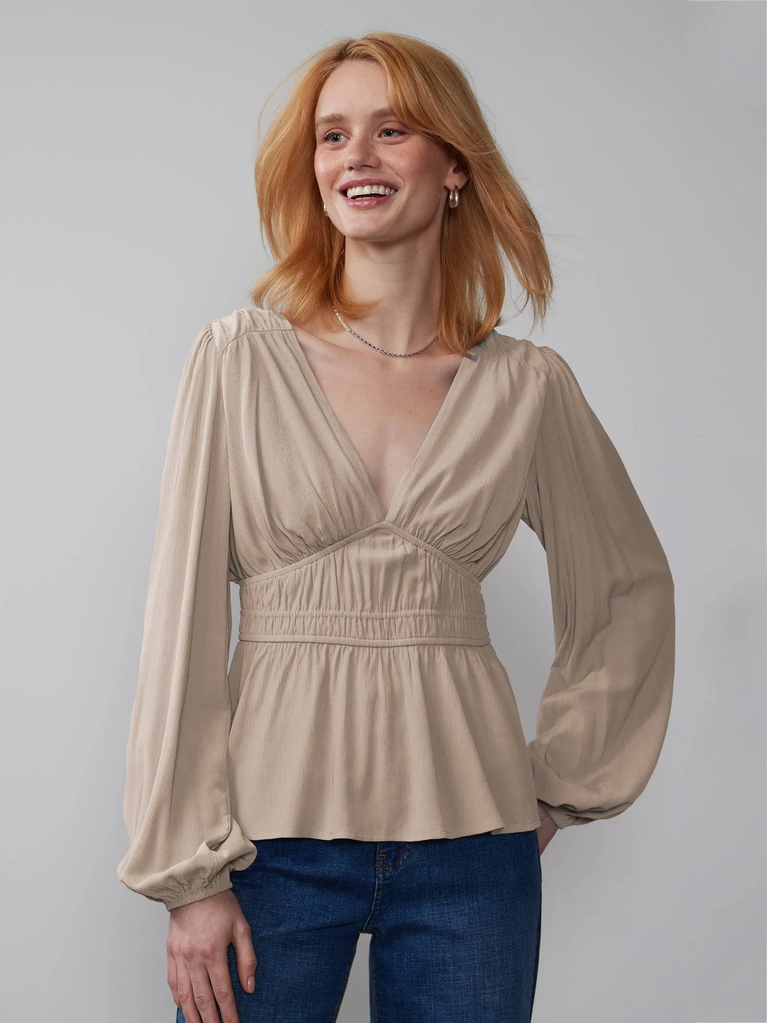 V-Neck Shirred Waist Blouse