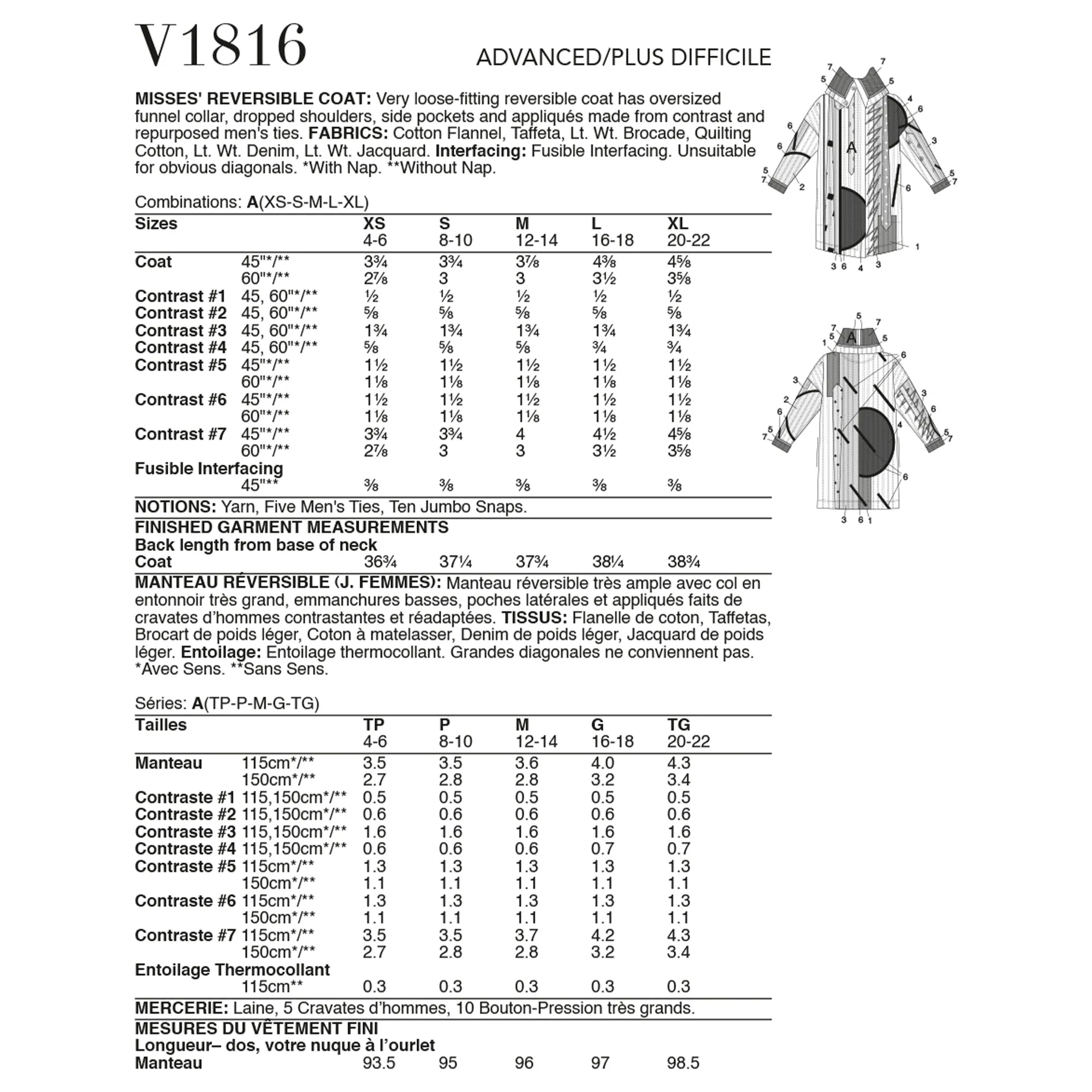 V1816 Misses' Reversible Coat, Júlio César NYC